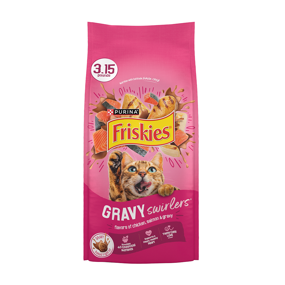 פורינה פריסקיז Gravy Swirlers Dry Cat Food With Flavors of Chicken, Salmon & Gravy - מזון יבש לחתולים