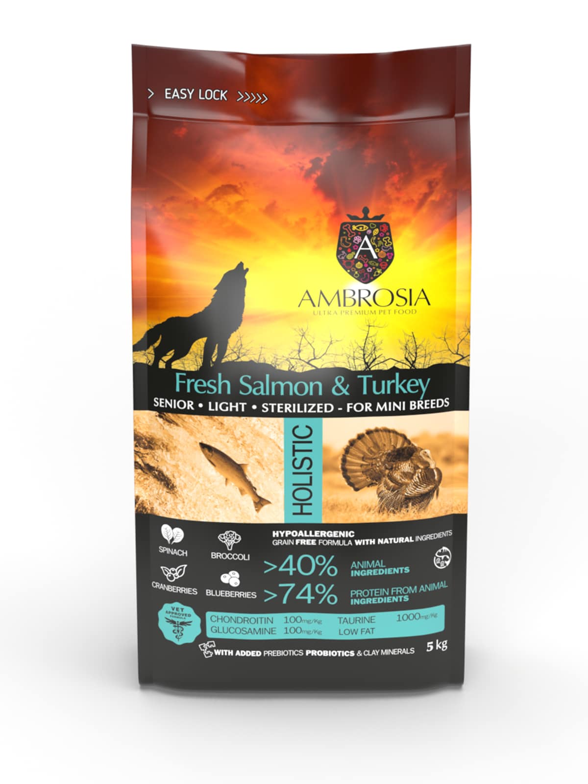 אמברוסיה Fresh Salmon & Turkey Senior & Sterilized Mini Breeds - מזון יבש לכלבים