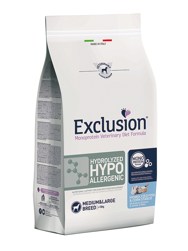 אקסלוז'ן Hydrolyzed Hypoallergenic Hydrolyzed Fish & Corn Starch Medium&Large Breed - מזון יבש לכלבים