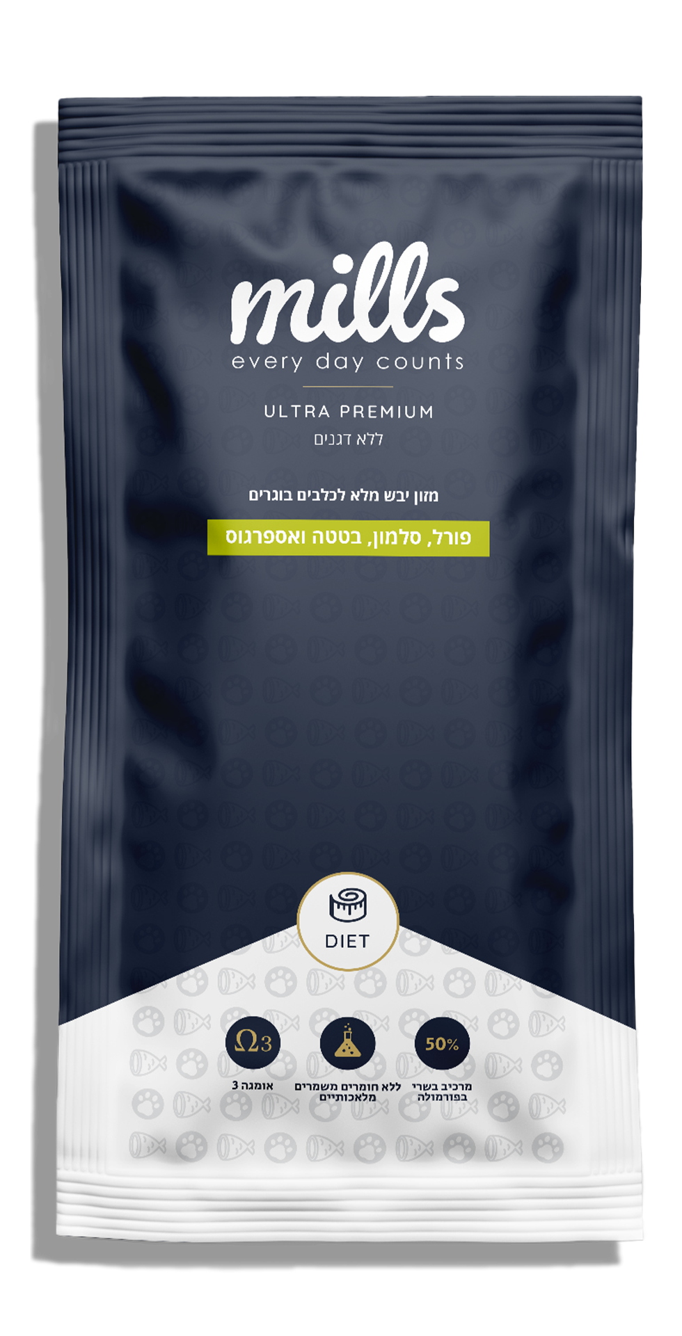 מילס סלמון, פורל, בטטה, אספרגוס - לייט - גזע בינוני - מזון יבש לכלבים