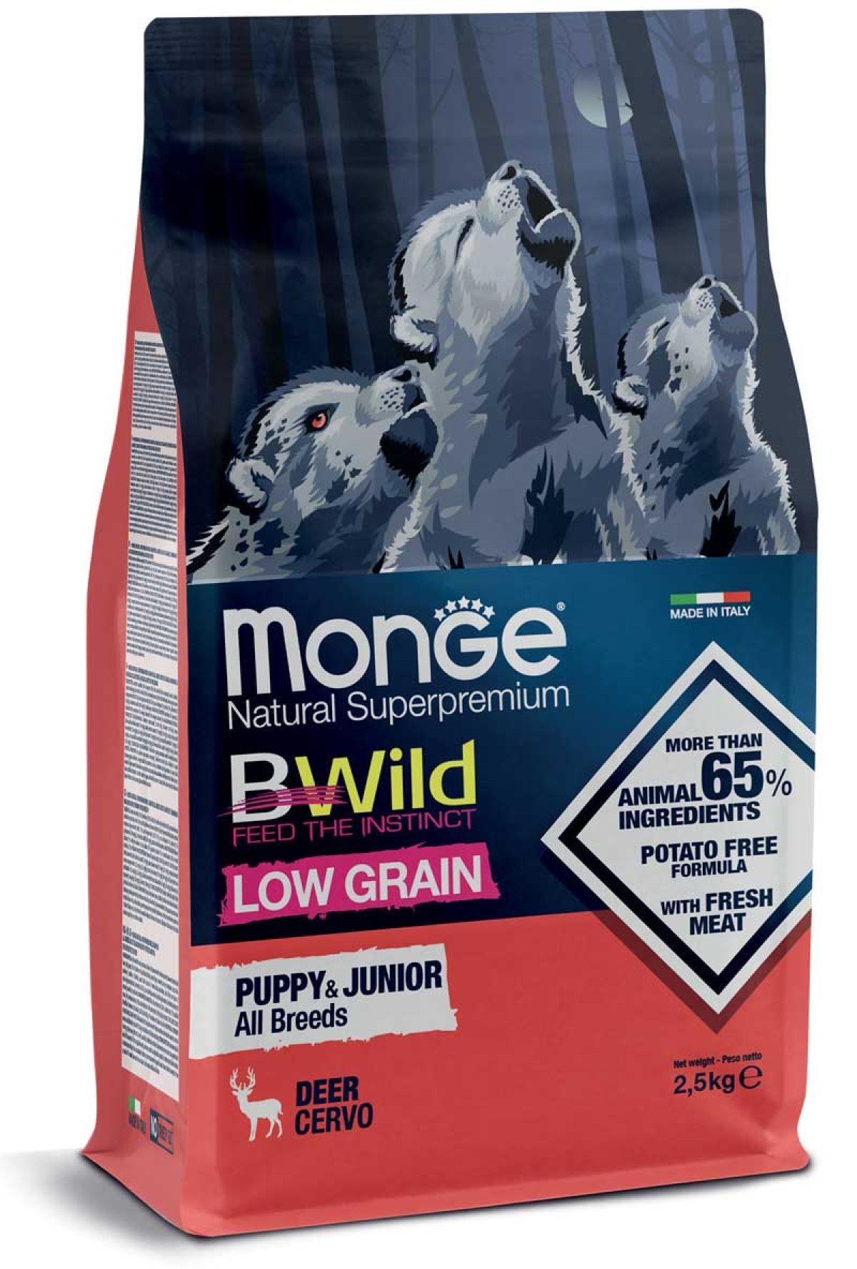 מונג' Bwild Low Grain All Breeds Puppy & Junior Deer - מזון יבש לכלבים