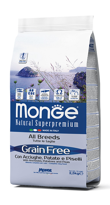 מונג' Grain Free with Anchovies, Potatoes and Peas - All Breeds - מזון יבש לכלבים