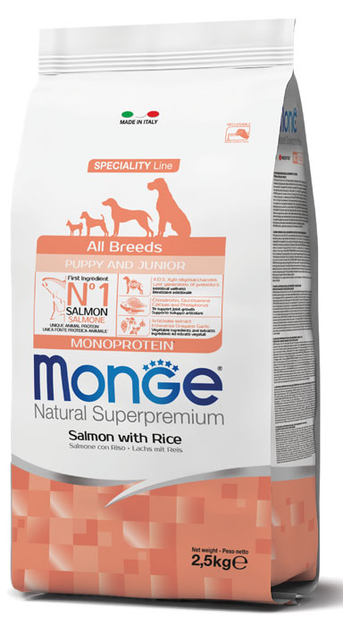 מונג' Natural Superpremium All breeds Puppy and Junior Monoprotein Salmon with Rice - מזון יבש לכלבים