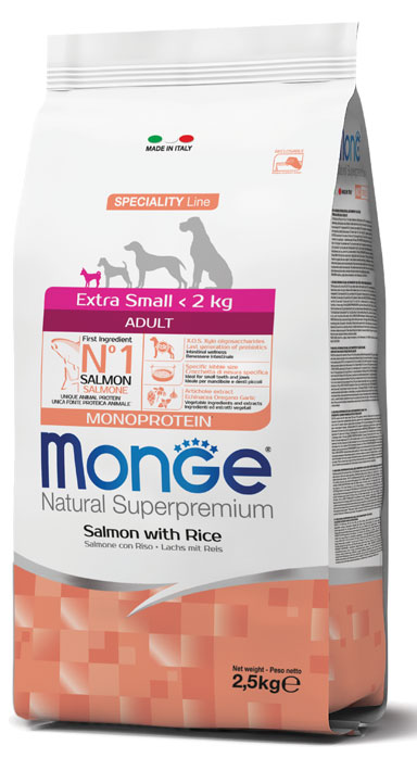 מונג' Natural Superpremium Extra Small Adult Monoprotein Salmon with Rice - מזון יבש לכלבים