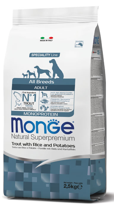 מונג' Natural Superpremium All breeds Adult Monoprotein Trout with Rice and Potatoes - מזון יבש לכלבים