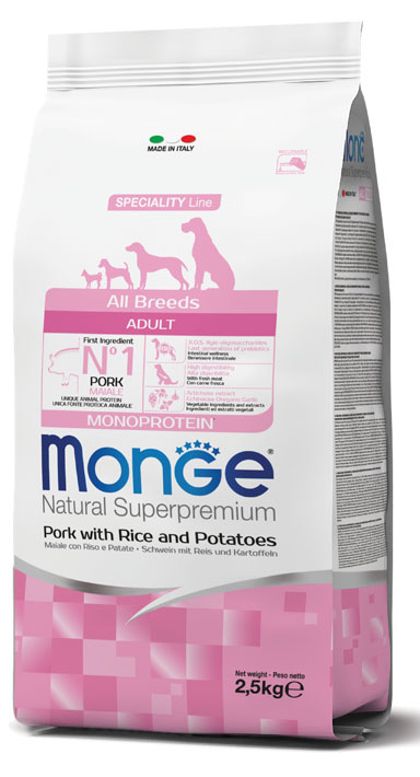 מונג' Natural Superpremium All breeds Adult Monoprotein Pork with Rice and Potatoes - מזון יבש לכלבים