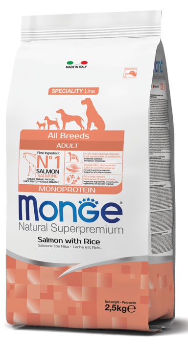 מונג' Natural Superpremium All breeds Adult Monoprotein Salmon with Rice - מזון יבש לכלבים